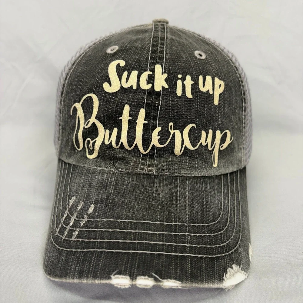 H&C Trucker Hat Suck It Up Buttercup Women OS Gray Distressed Mesh Cap